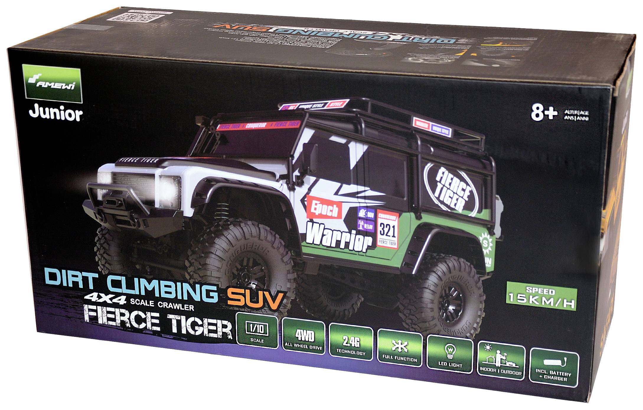 Toy Packaging: 'Dirt Climbing SUV 4x4 Scale Crawler - Fierce Tiger'. Model car with large tyres and 'Rock Warrior' inscription. Speed 15 km/h. Suitable for ages 8 and above.