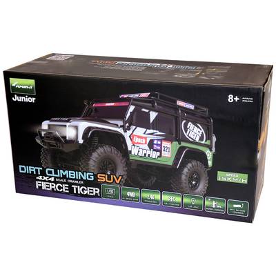 Toy Packaging: 'Dirt Climbing SUV 4x4 Scale Crawler - Fierce Tiger'. Model car with large tyres and 'Rock Warrior' inscription. Speed 15 km/h. Suitable for ages 8 and above.