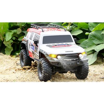 A remote-controlled car on sandy ground, surrounded by plants, with a sporty design and the number '768' on its side.