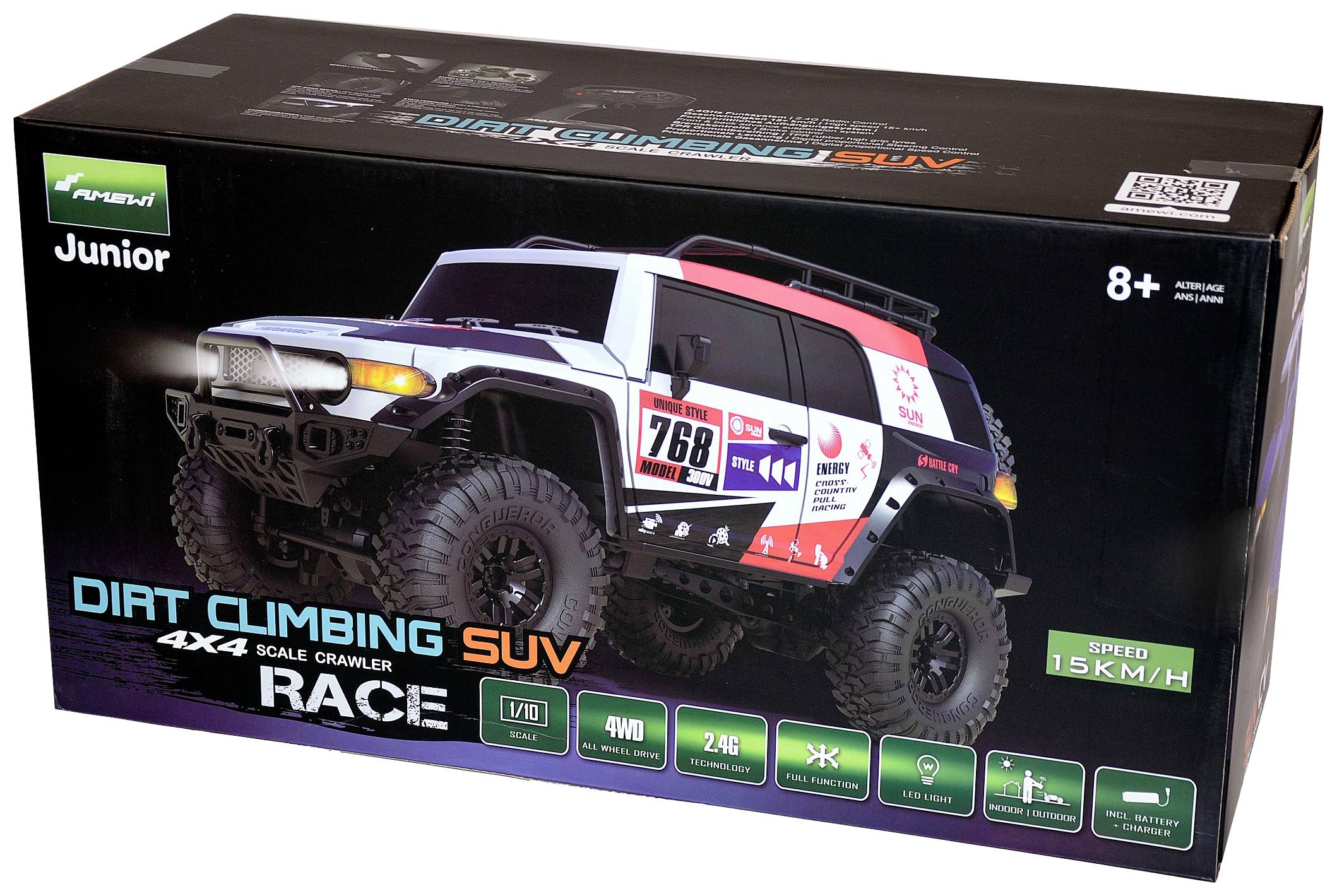 Toy Off-road Vehicle 'Dirt Climbing SUV' at 1:10 scale shown on cardboard. Functions: 4x4 drive, 15 km/h, suitable for ages 8 and above.