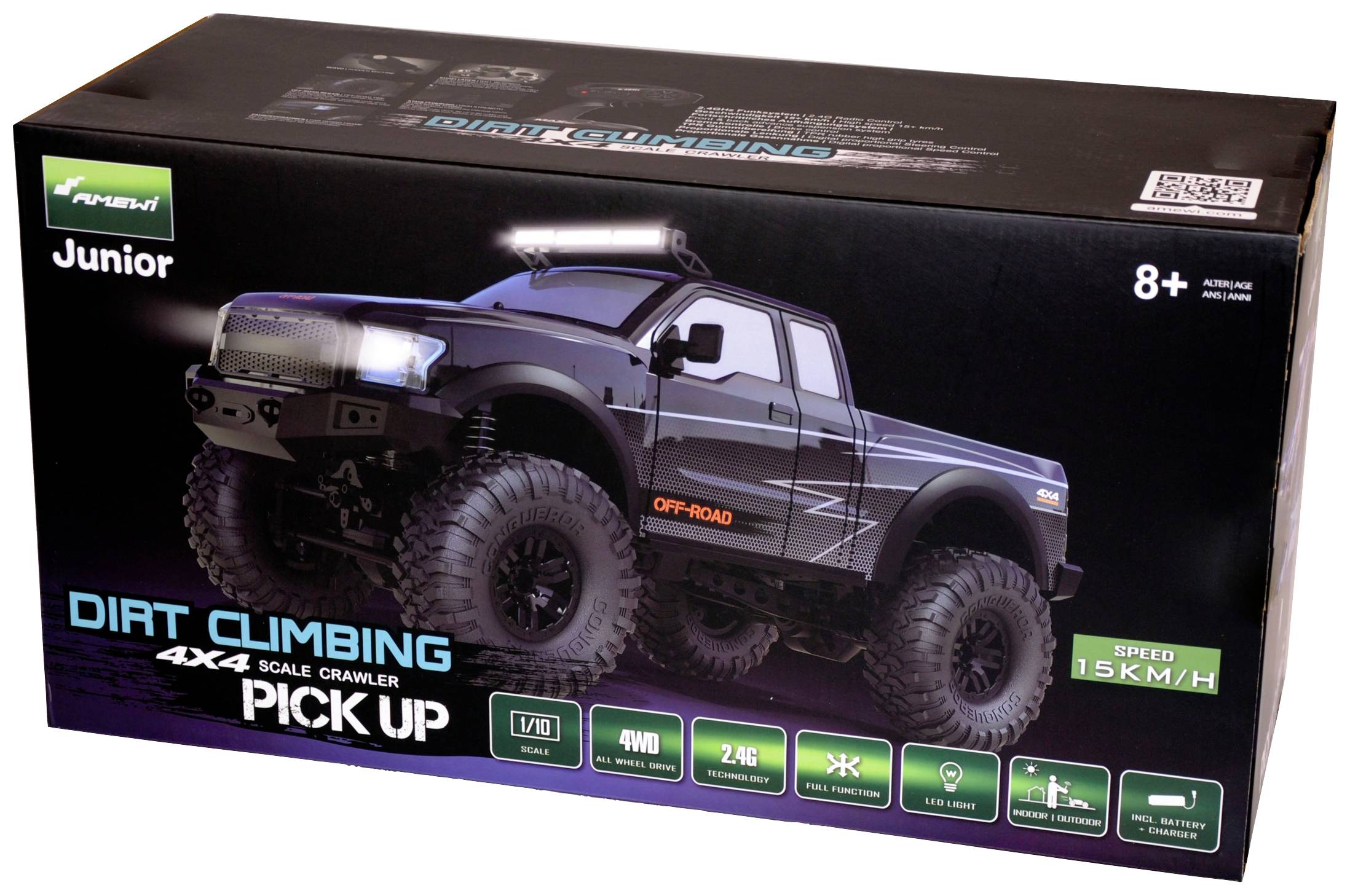 'RC Truck Packaging: Image of a remote-controlled off-road vehicle on a black cardboard box. Details: 4WD, 2.4 GHz, Speed 15 km/h.'