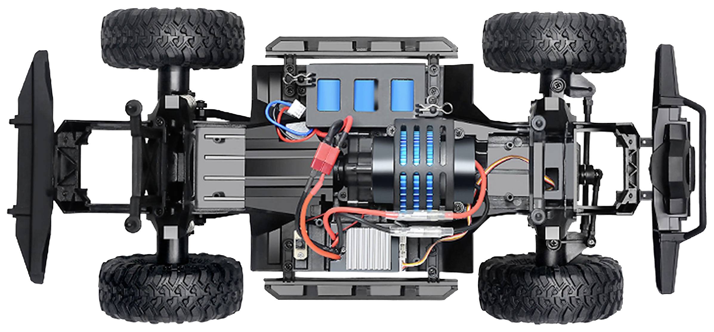 Top-down view of a remote-controlled car showing its internal structure with motor, wiring and battery. Wheels are clearly visible.