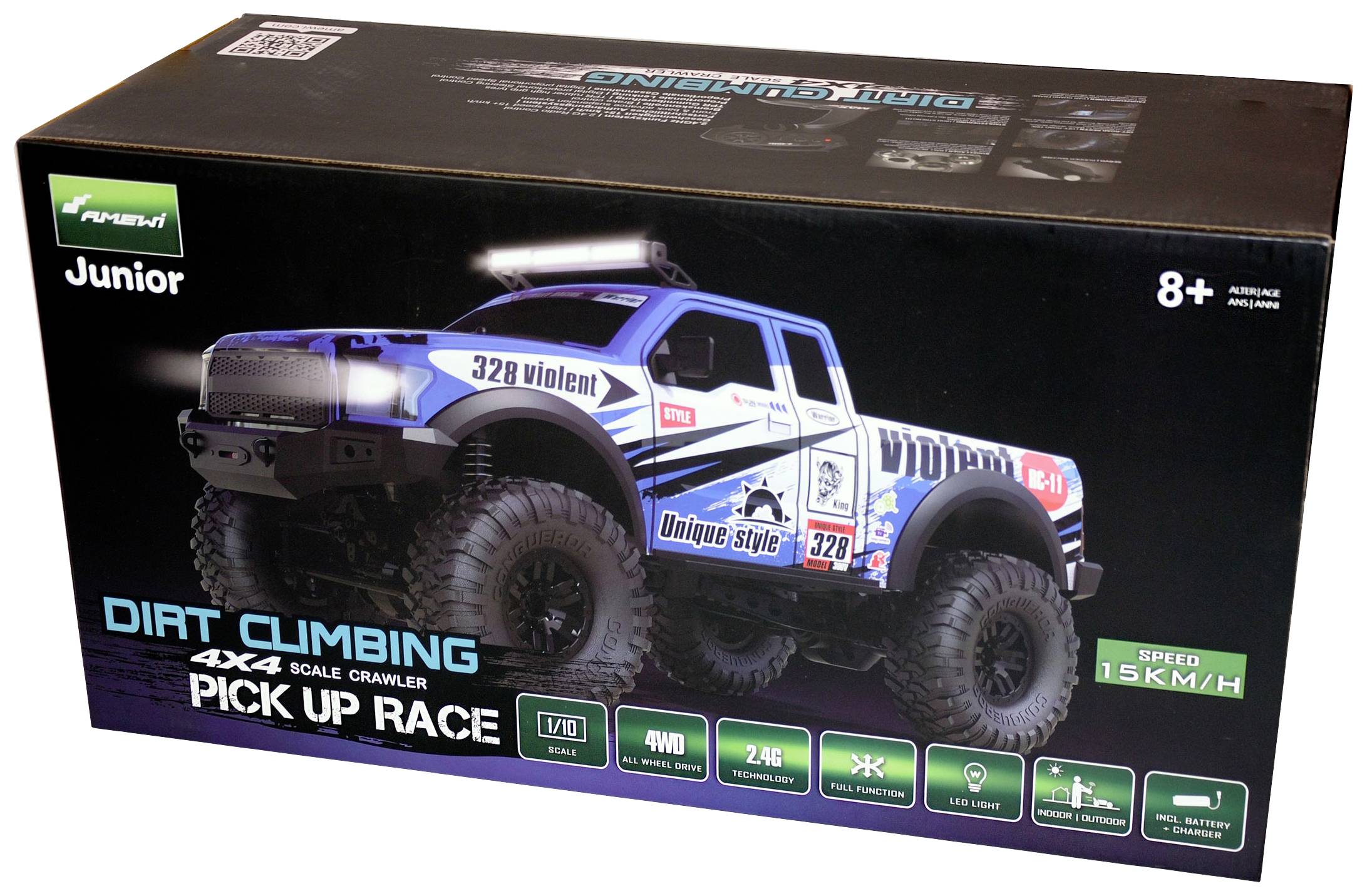 Packaging of a blue RC off-road vehicle with the inscription 'Dirt Climbing 4x4'. Suitable for children aged 8 and above, speed 15 km/h.