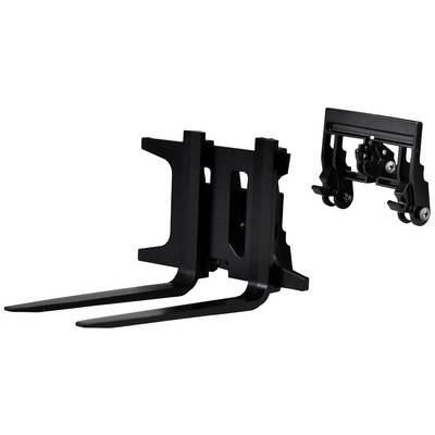 Forklift attachment with two black tines and mounting bracket, suitable for transporting pallets or loads.