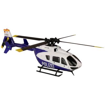 A white and blue police helicopter in flight, side view, with 'POLICE' visible on the side.