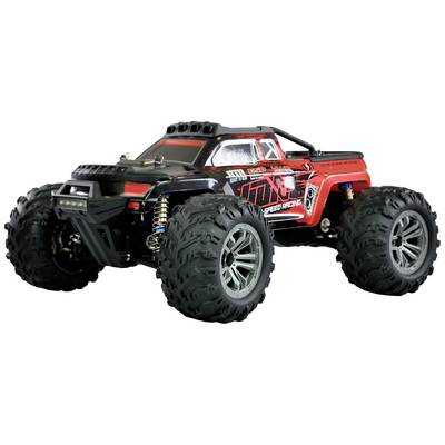 A remote-controlled toy car in an off-road style with large tyres and a sporty, red and black design.