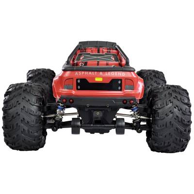 A red remote-controlled toy car with large, chunky tyres, viewed from behind. The car is suitable for off-road driving.
