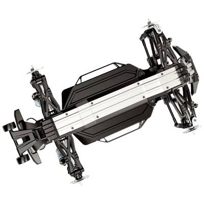 The image shows the chassis of a remote-controlled car, comprising a black frame, white struts, and suspension dampers.