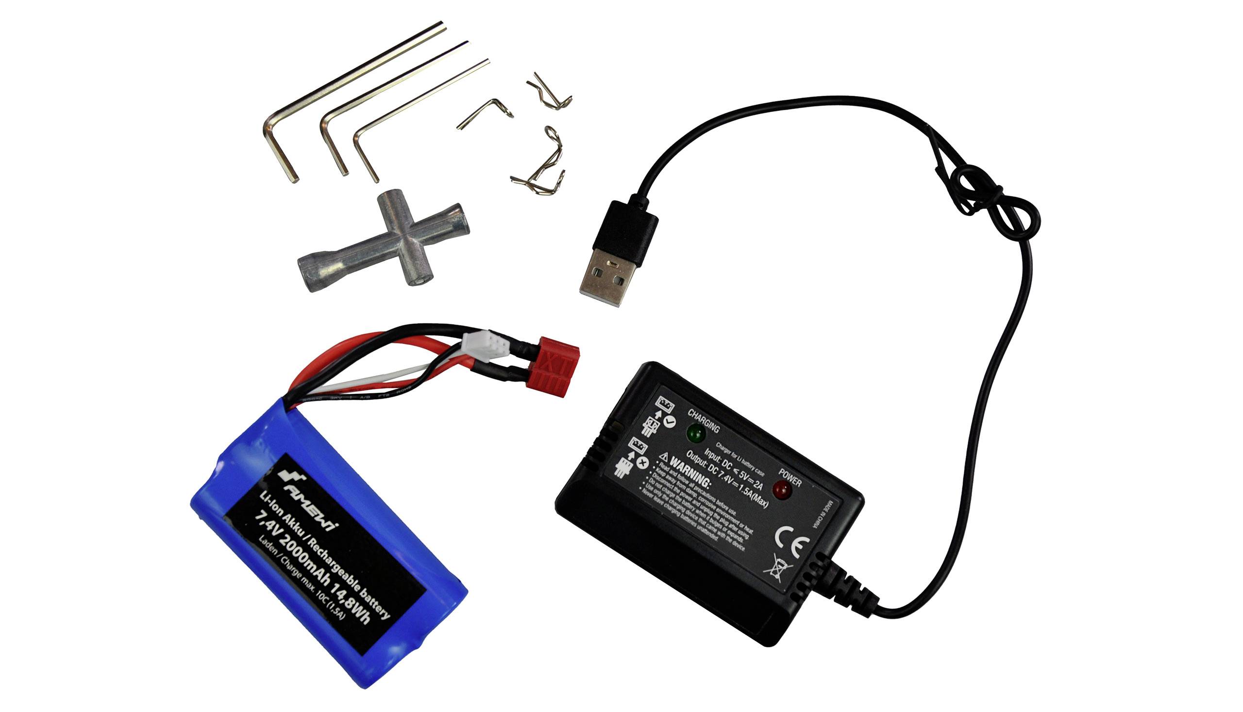 A USB charger with various spanners and a blue battery.