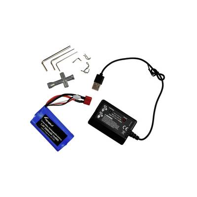 A USB charger with various spanners and a blue battery.