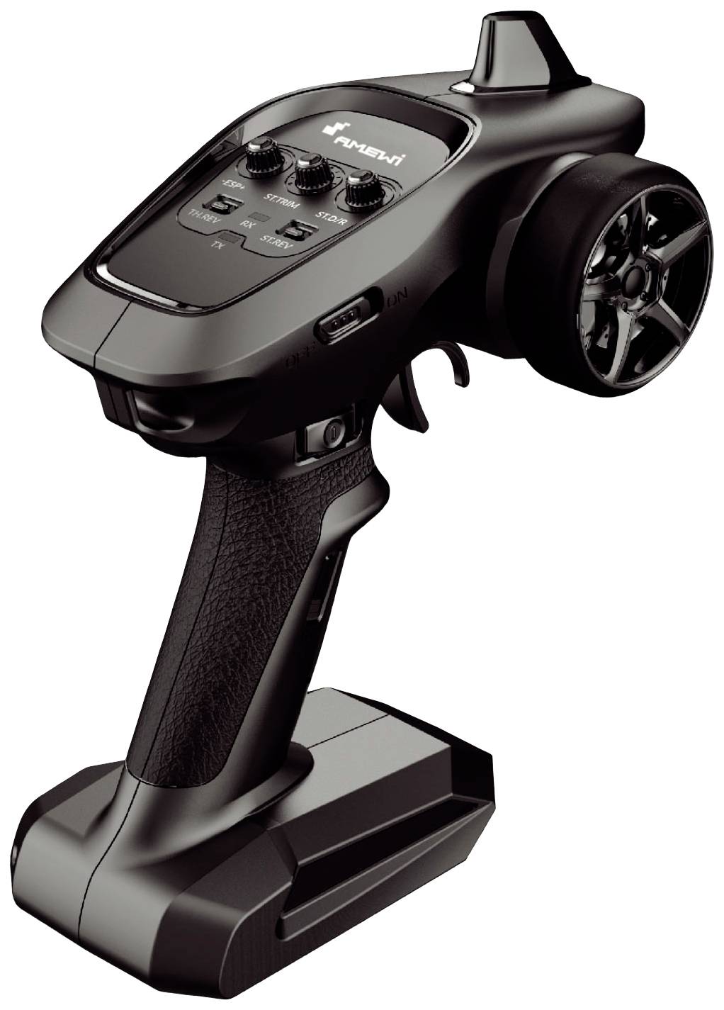 Remote-controlled RC car remote control with steering wheel, multiple buttons and a display. Ergonomic design for one-handed operation.