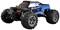 A blue-black remote-controlled car with large off-road tyres and a sporty design on a white background.