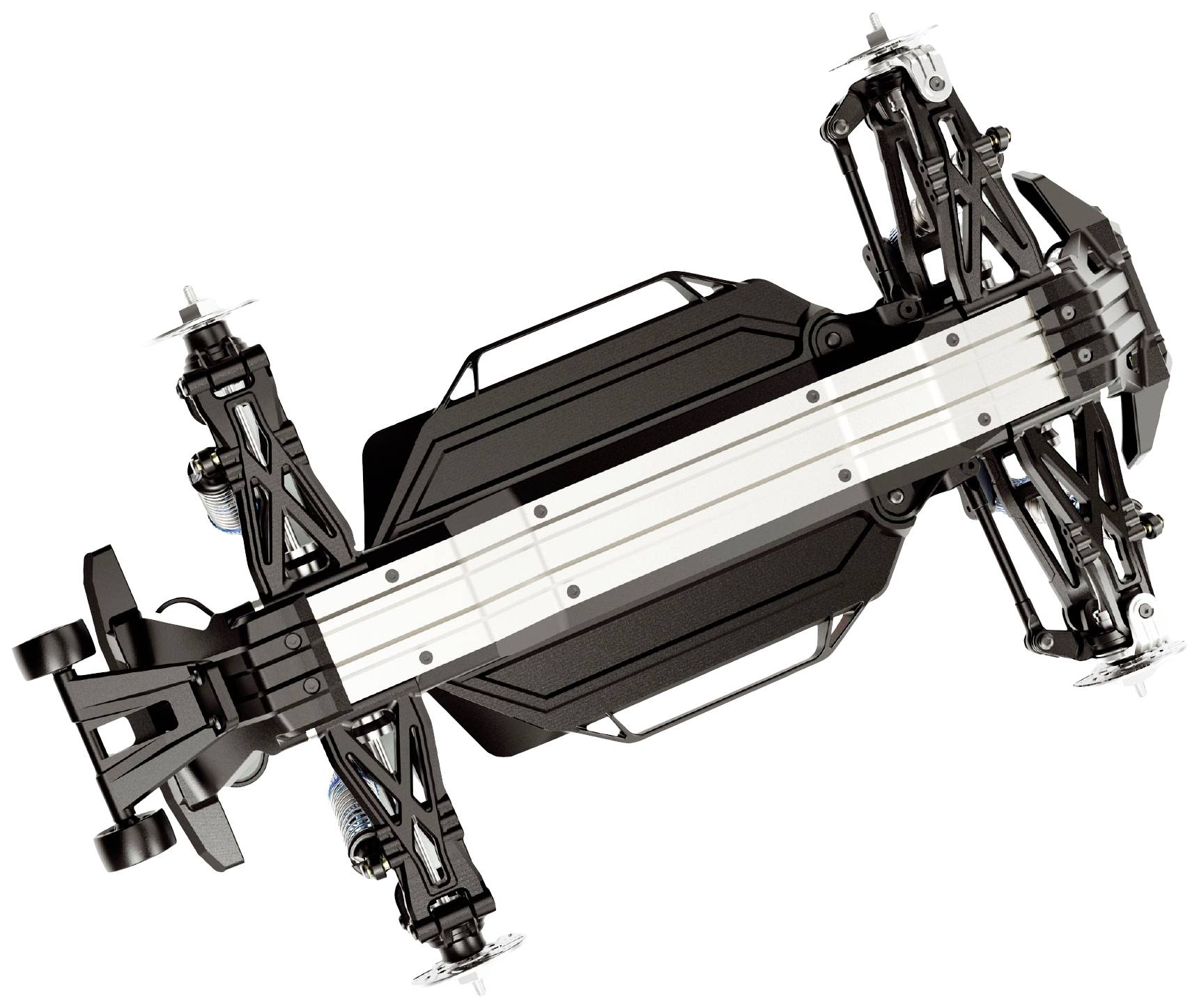 Remote-controlled car chassis viewed from above, showing suspension and drivetrain without bodywork, emphasising technical design and structure.