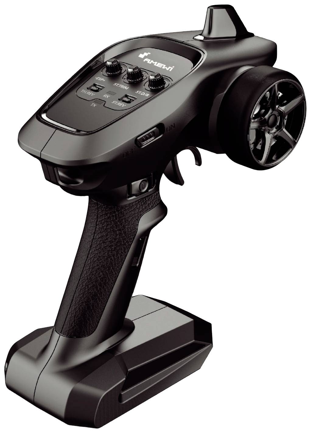 Remote-controlled handheld device with multiple buttons and a rotary dial, primarily used for model vehicles.