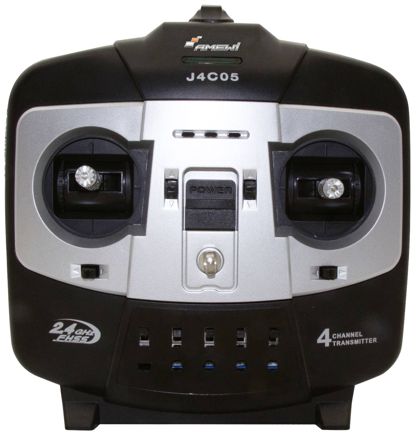 A black and silver 4-channel remote control transmitter with a power button in the centre and two control sticks on the left and right.