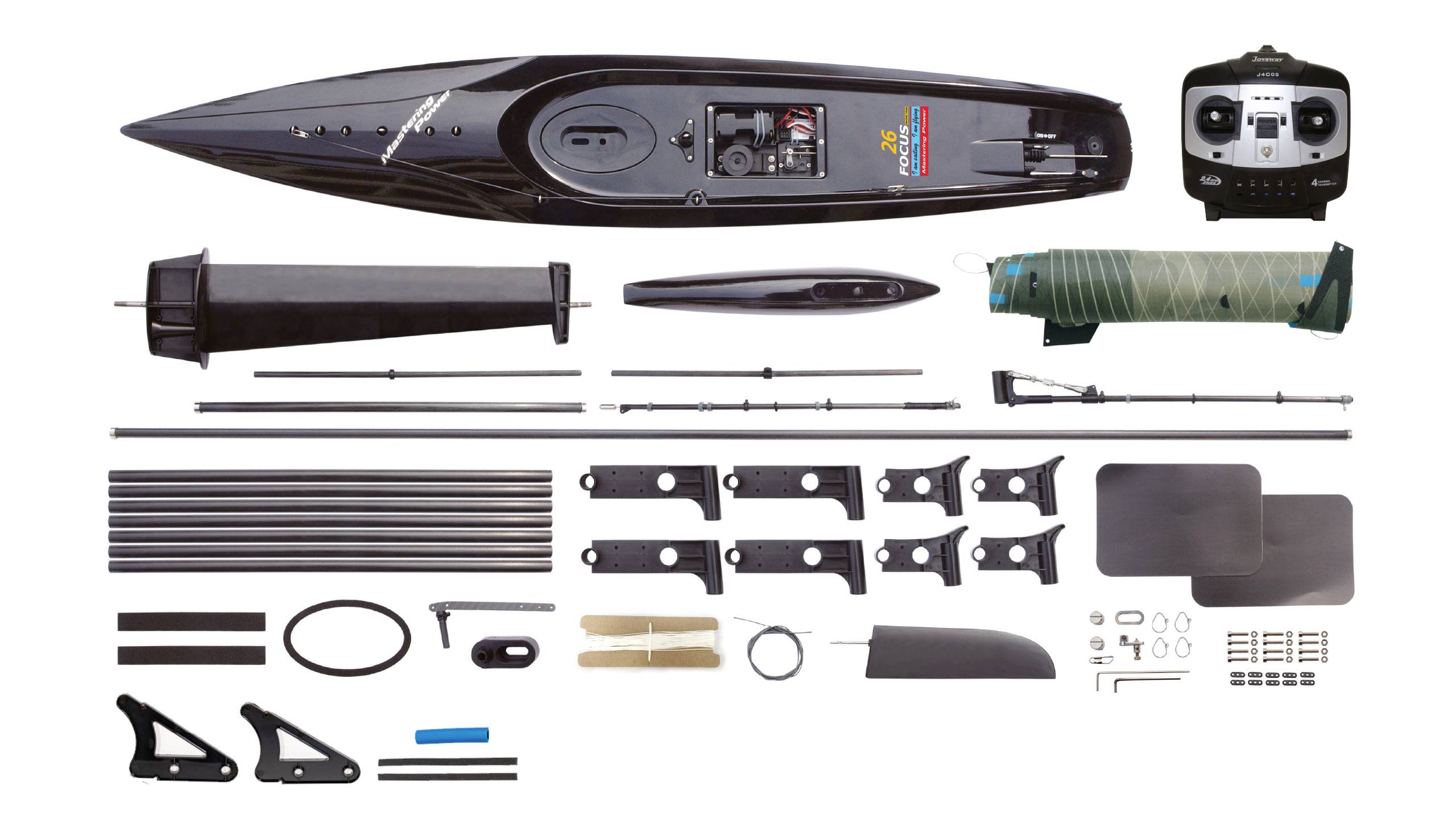 Remote-controlled boat kit with dark grey hull, electric motor, radio remote control, propeller, antenna, and various mounting components.