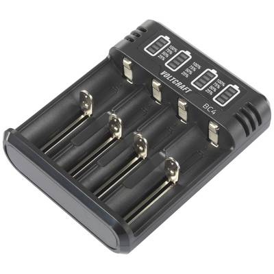 A battery charger for four AA or AAA batteries with LED indicators for charging status (25%, 50%, 75%, 100%).