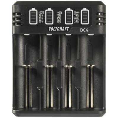 Battery charger with four slots for AA batteries. LEDs display charging status in percentages: 100%, 75%, 50%, 25%. Marking: 'VOLTCRAFT BC4'.