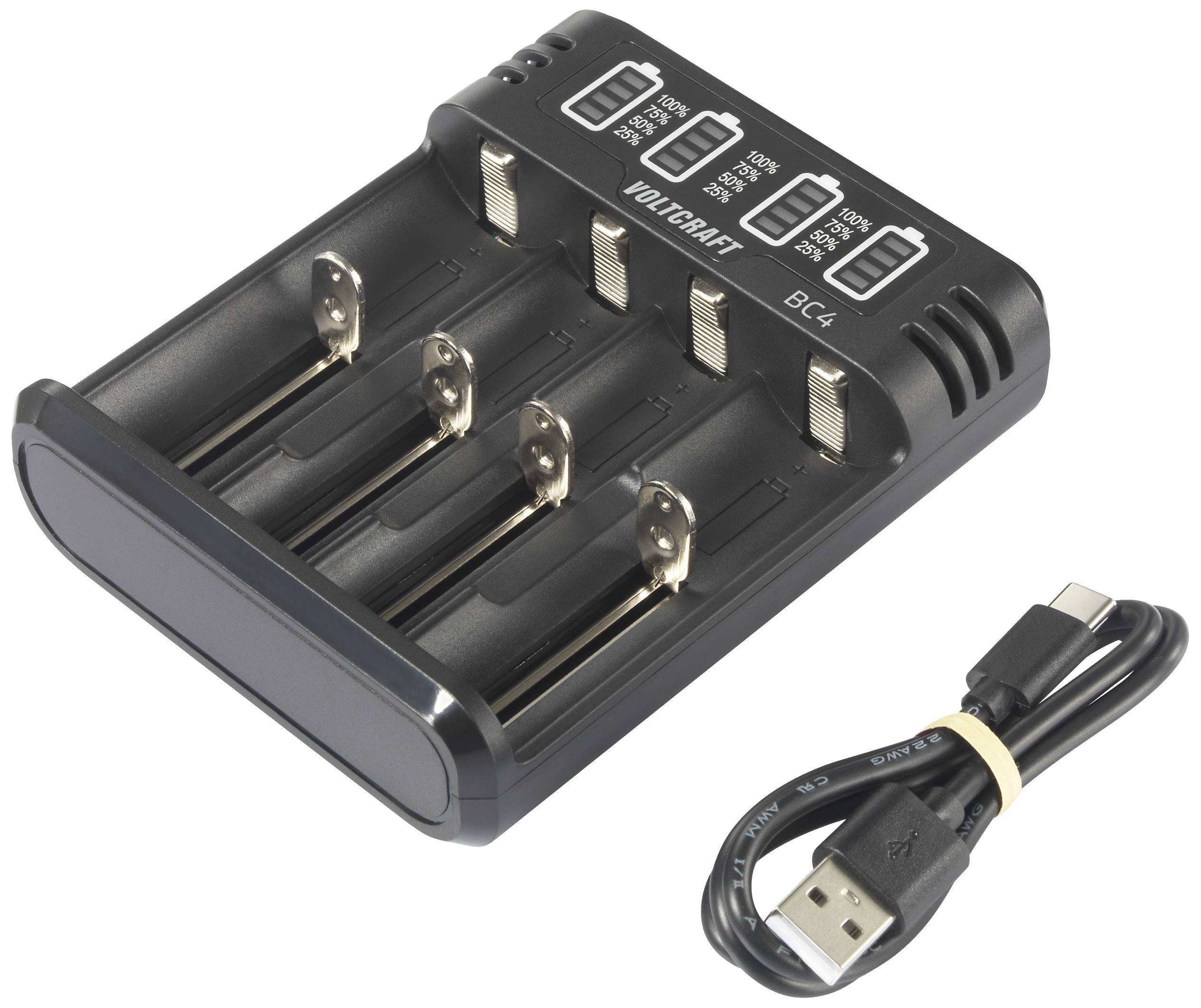 Battery charger for four AA or AAA rechargeable batteries with LCD display. USB charging cable included.