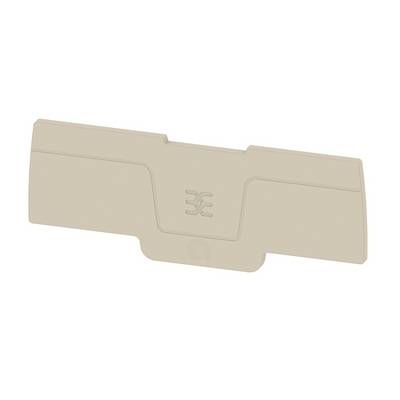 A beige, rectangular plastic part with rounded corners and a logo-like symbol in the centre.