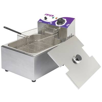 Stainless steel deep fat fryer with a removable frying basket and detachable lid, suitable for quick preparation of fried foods.