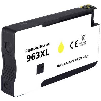 'Black Ink Cartridge 963XL, replaces original cartridge, remanufactured, with yellow droplet symbol and CE marking.'