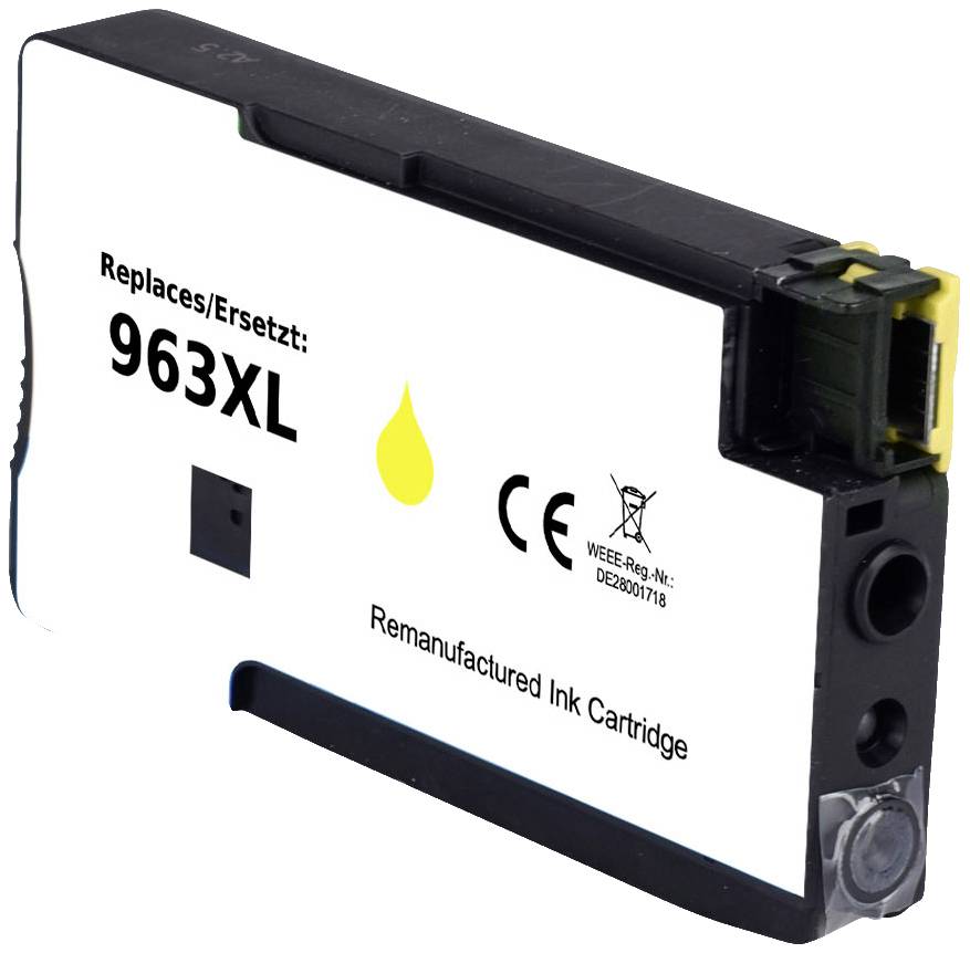 Refillable ink cartridge '963XL' with yellow droplet symbol. Compatible with specific printer models. Black plastic housing.