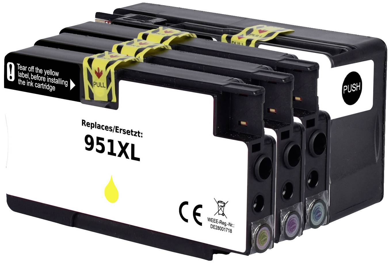 Four printer cartridges in black, yellow, cyan and magenta. On the label it reads 'Replacement for 951XL'. A yellow 'Pull' sticker is visible.