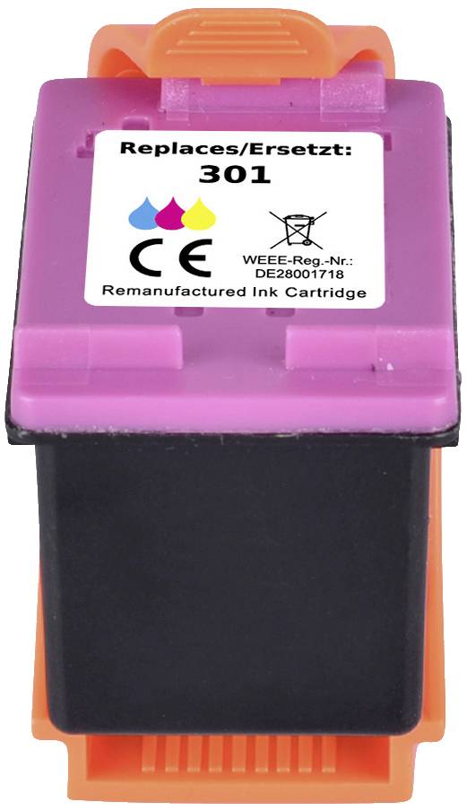 Lila ink cartridge with sticker 'Replaces 301', displays CE marking and German registration number, in orange holder.