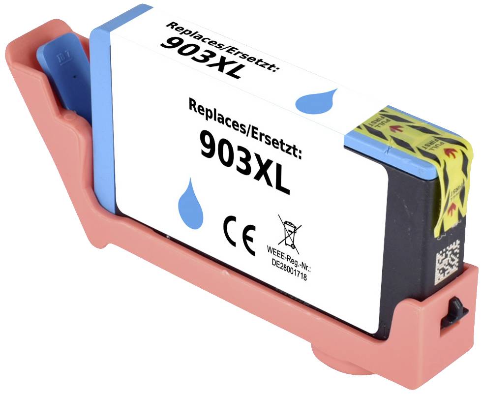 'Printer cartridge with the inscription "Replaces/Replaces: 903XL" and CE marking. The cartridge is placed in a holder.'