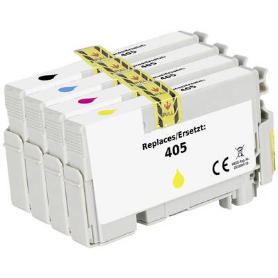 Five printer cartridges in black, cyan, magenta and yellow, stacked. Each cartridge is labelled with 'Replaces/Replaces: 405'.