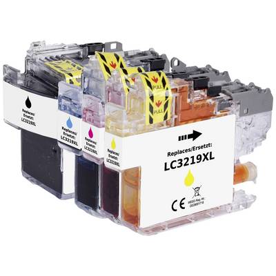 Three ink cartridges: black, cyan/magenta/yellow, labelled 'Replaces/Replaces: LC3219XL'. Contain colour symbols.