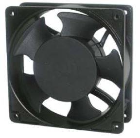 Black computer fan with four blades in a rectangular housing, showing typical fan structure and design.