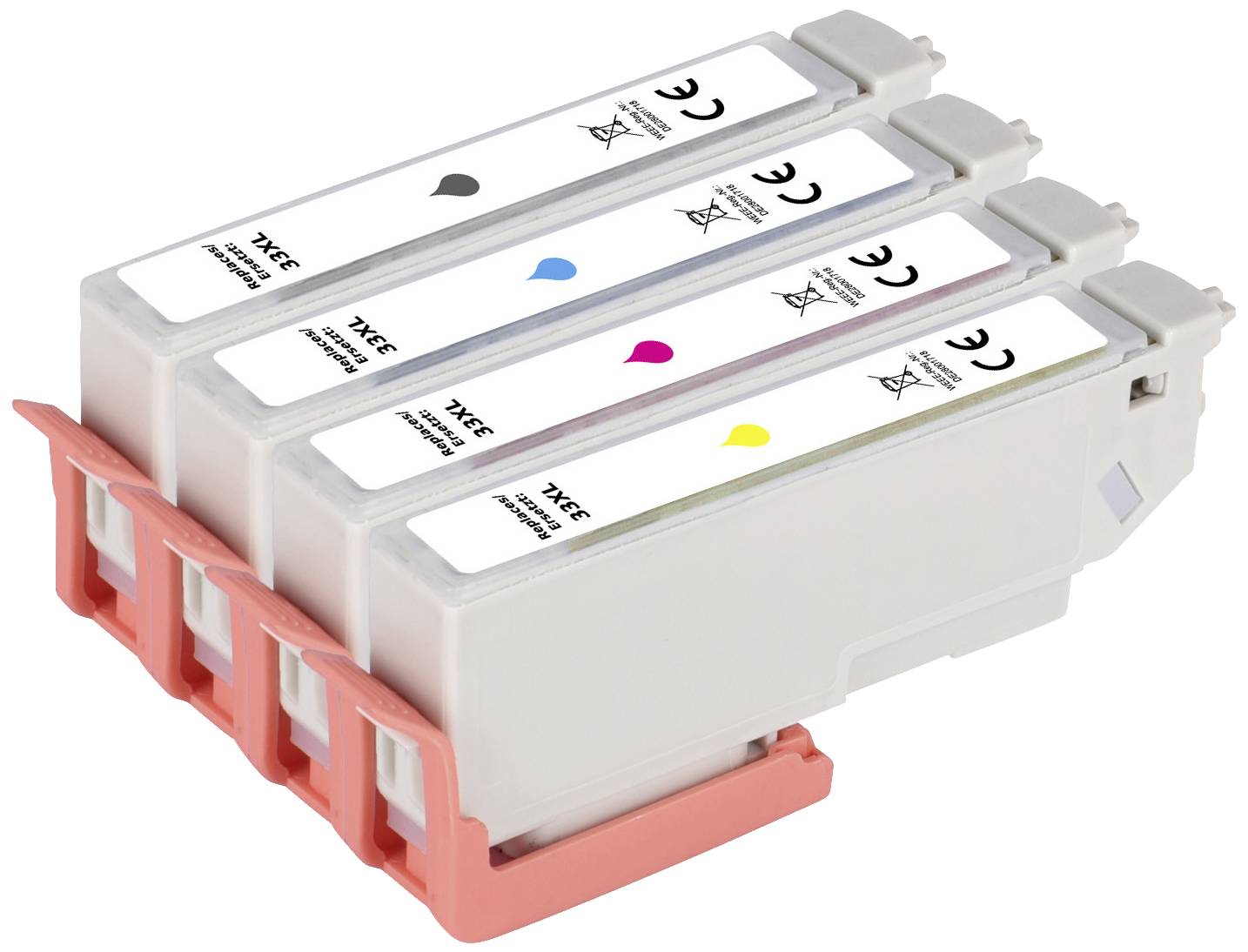 Four printer cartridges in the colours Black, Cyan, Magenta and Yellow are arranged side by side. They are labelled for ink.