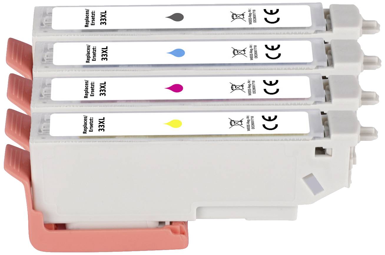 Four ink cartridges in Black, Blue, Red and Yellow side by side in a holder. Each cartridge is labelled 'Replaced 33XL'.