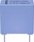 Blue, rectangular electronic capacitor with two terminals, printed with specifications and the manufacturer's name.