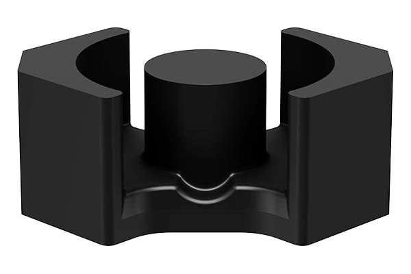 Black, U-shaped plastic component with a round central section, which could serve as a mounting bracket or connecting element.