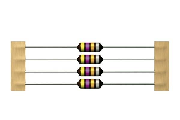 Four electronic resistors in series, each with colour-coded bands to identify the resistance value.