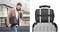 'Man with beard and brown blazer talking on the phone while carrying a black briefcase. Beside it an image of the case on a trolley case.'