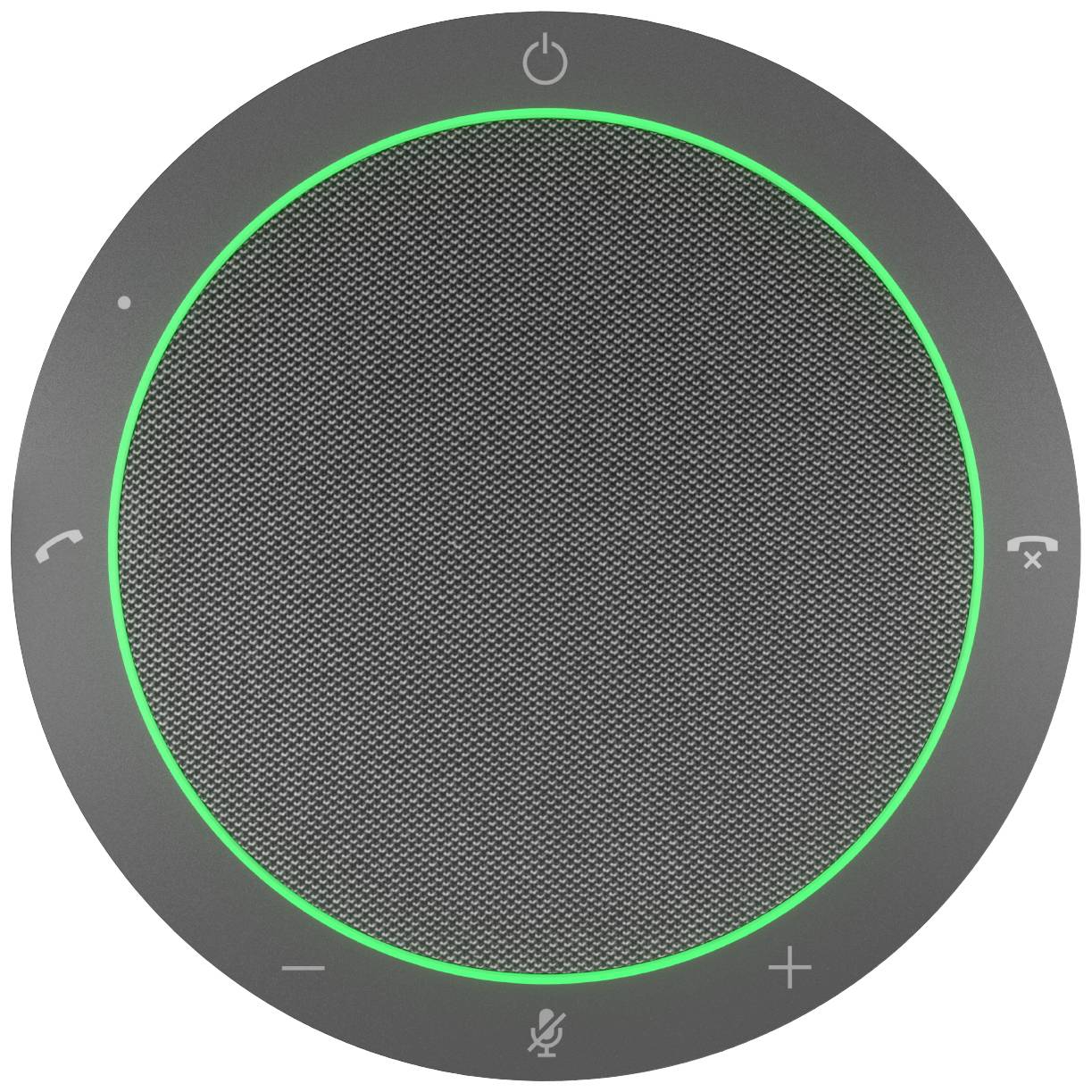 A black, round speaker with a green illuminated ring and symbols for power, volume, call answering, and microphone.