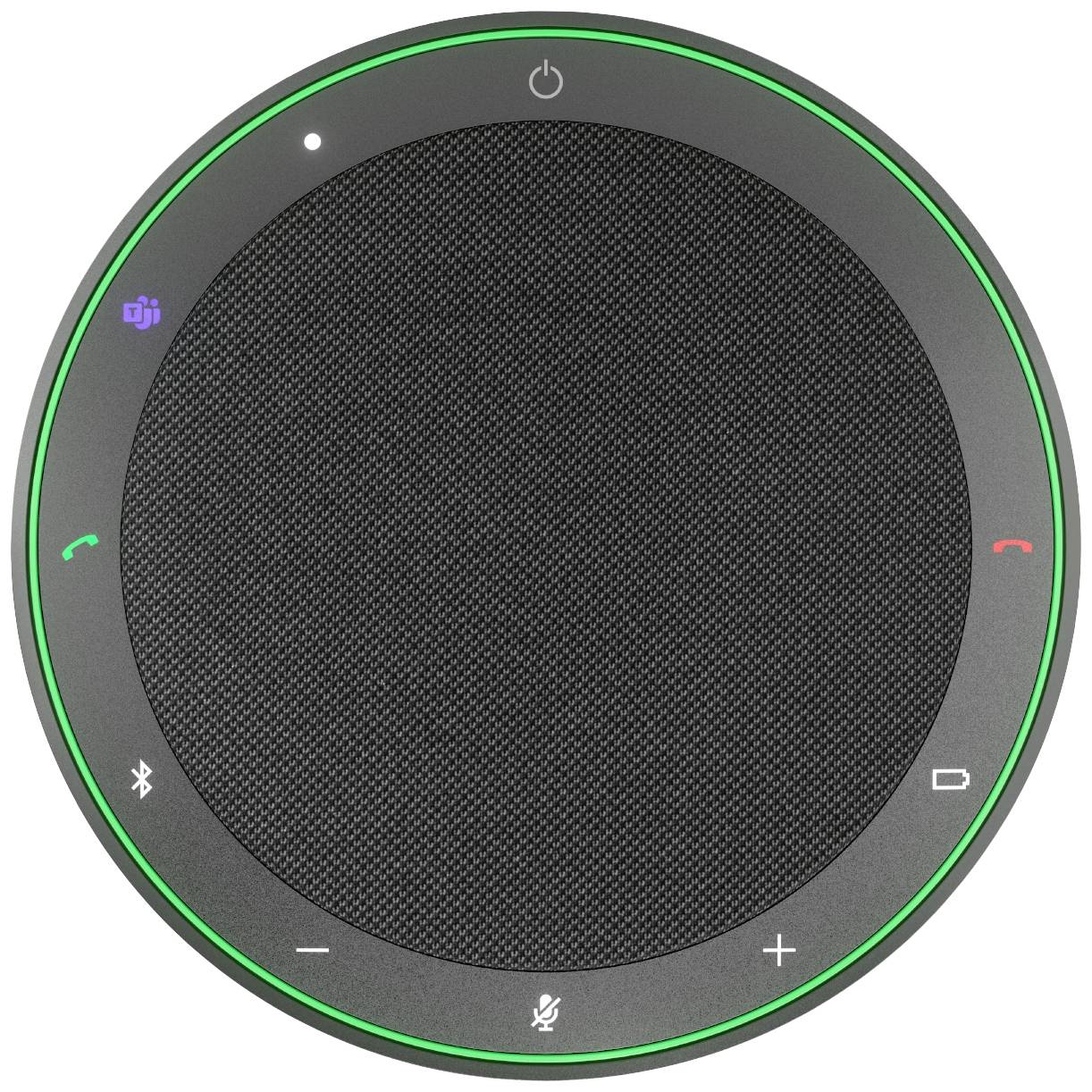 Black round speaker with illuminated green border. Contains buttons for volume control, mute, answer and reject call.