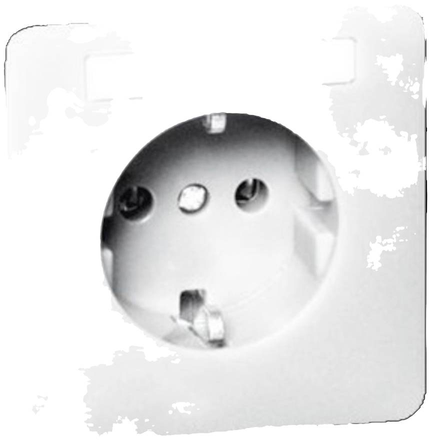 White electrical socket with earth contact on a wall, photographed head-on.