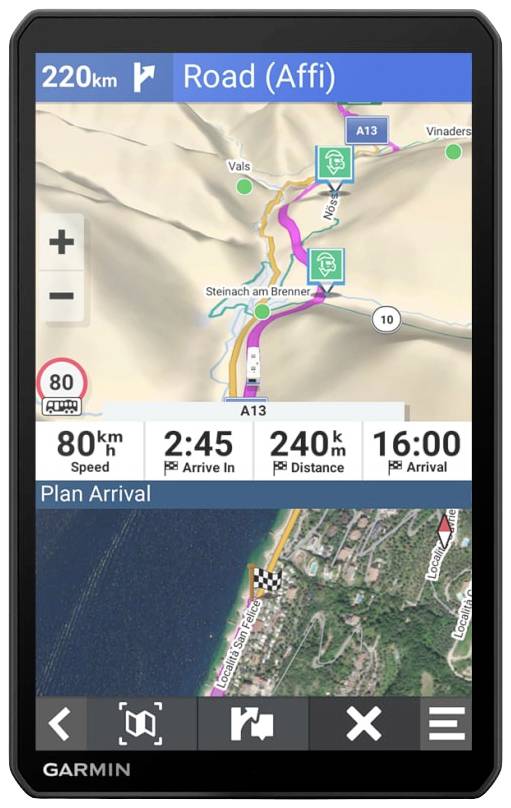 Navigation device shows route: 220 km to destination, estimated arrival at 4:00 pm. Speed: 80 km/h, remaining distance: 240 km.