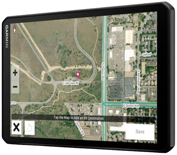 Map on a Garmin device shows a road and a destination point. Text field prompts to add a travel destination by tapping.