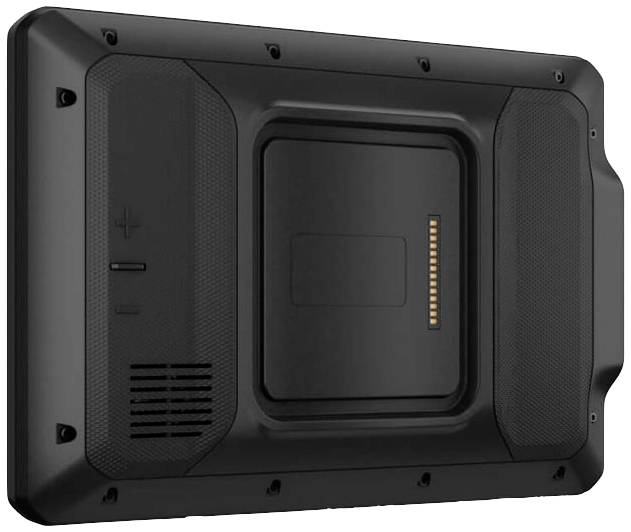 Back of an electronic device, black casing, side ventilation opening and charging contacts in the centre.