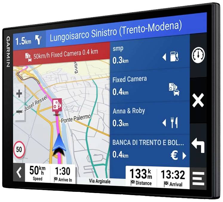 Navigation device shows route from Trento to Modena with distances, speed limits, fixed speed cameras and points of interest on the map.