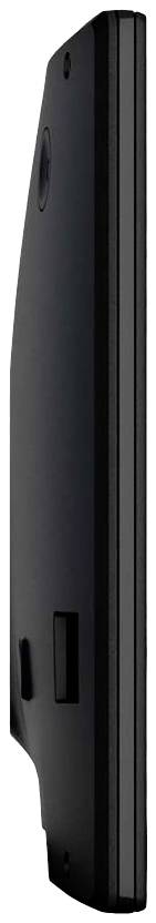 Side view of a black, flat electronic device with a smooth casing and rounded edges.