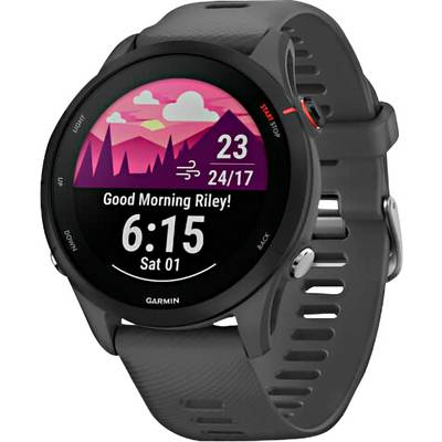 A black smartwatch displaying time 6:15, date 'Sat 01', and greeting 'Good Morning Riley!' against a mountain-themed background.
