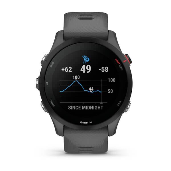 A black smartwatch displays a heart rate graph with peaks at 49 beats per minute since midnight.