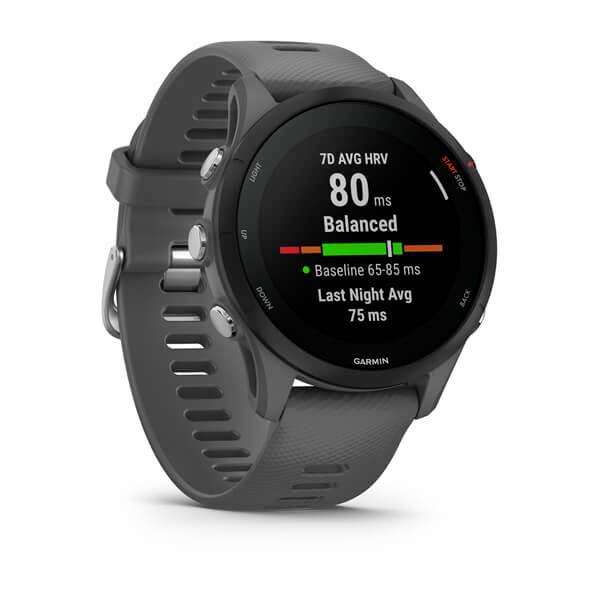 Black smartwatch with round display shows '80 ms Balanced' and heart rate variability data. Buttons on the left side of the casing.